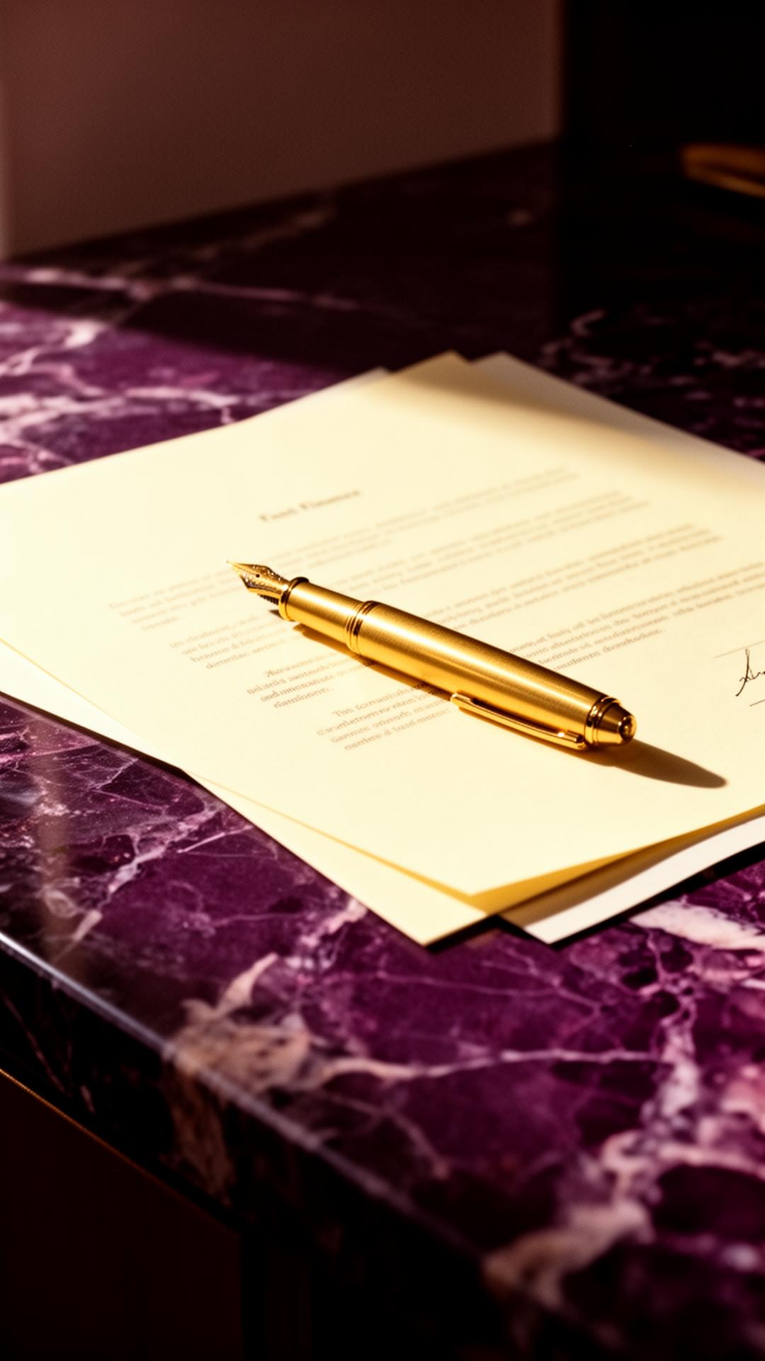 Gold fountain pen on cream documents over polished marble