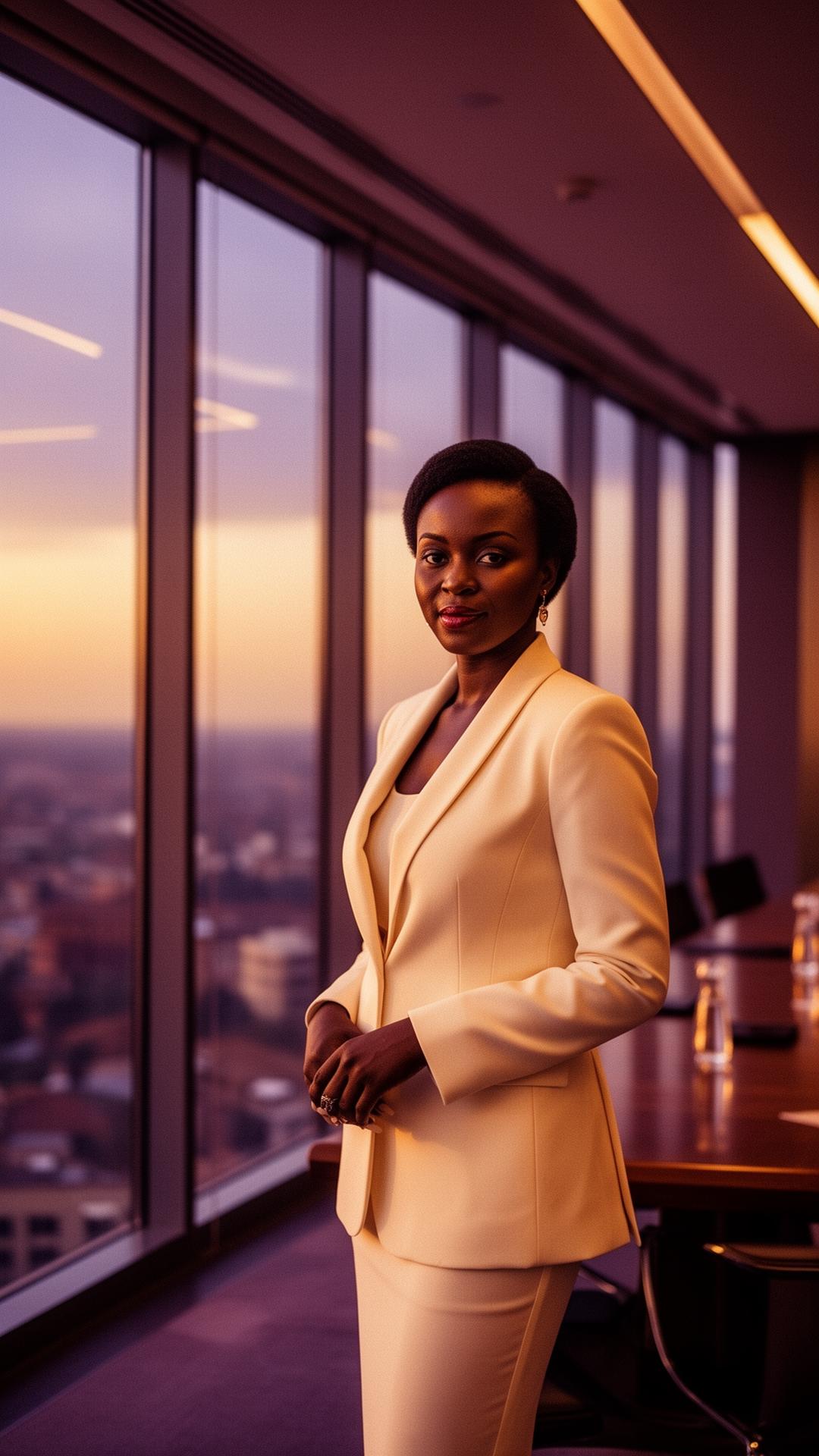 Kenyan executive in a modern boardroom at sunset